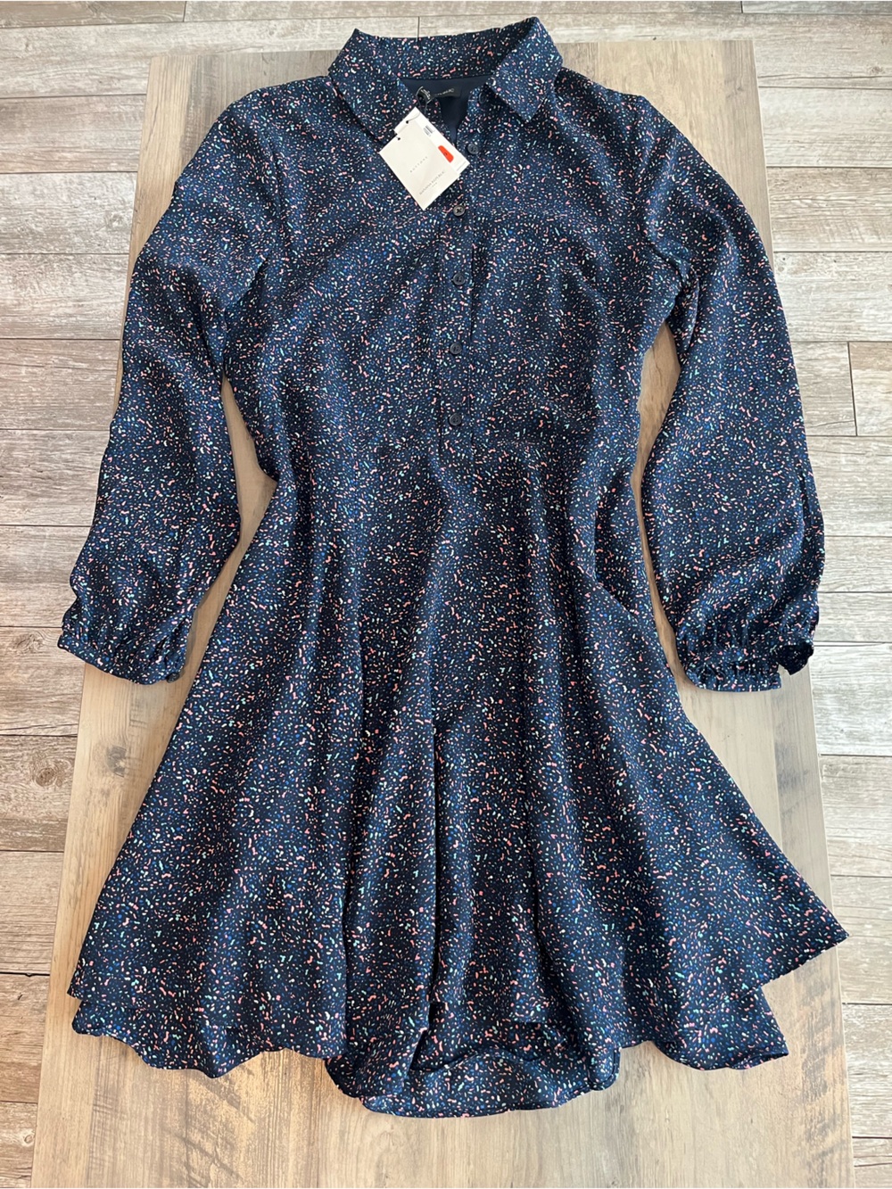 Brand New! Womens Navy Speckled Long Sleeve Shirt Dress
